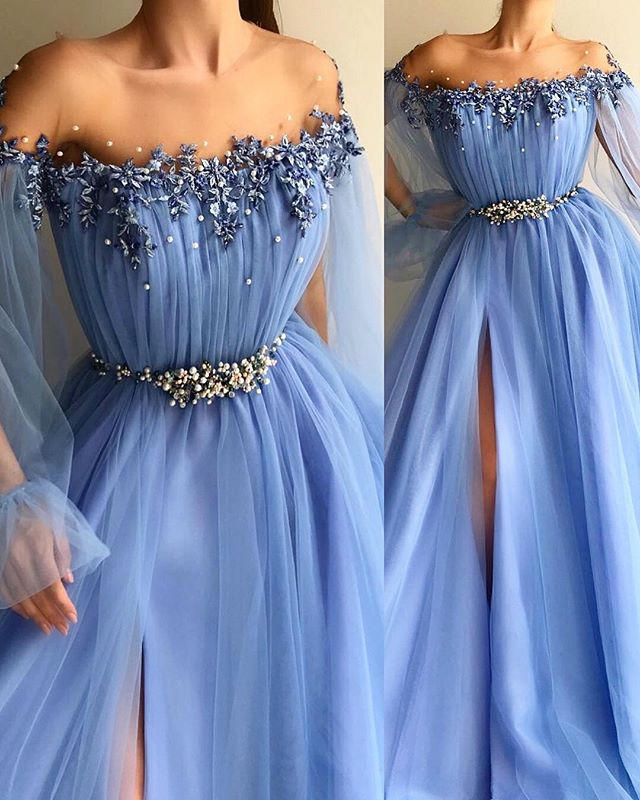 Elegante Abendkleider Lang Blau | Abiballkleider mit Ärmel-Misshow.de