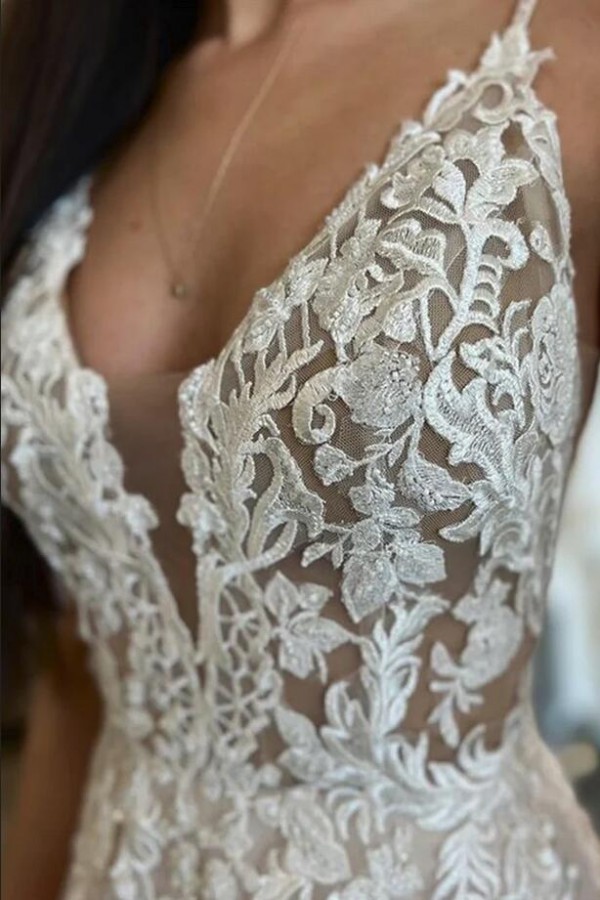 Deisgner Hochzeitskleid V Ausschnitt | Brautkleider A Linie Spitze