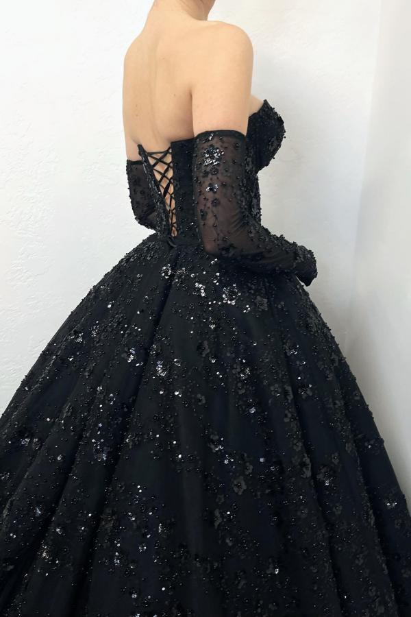 Vintage Brautkleider Schwarz | Glitzer Hochzeitskleider A Linie Spitze