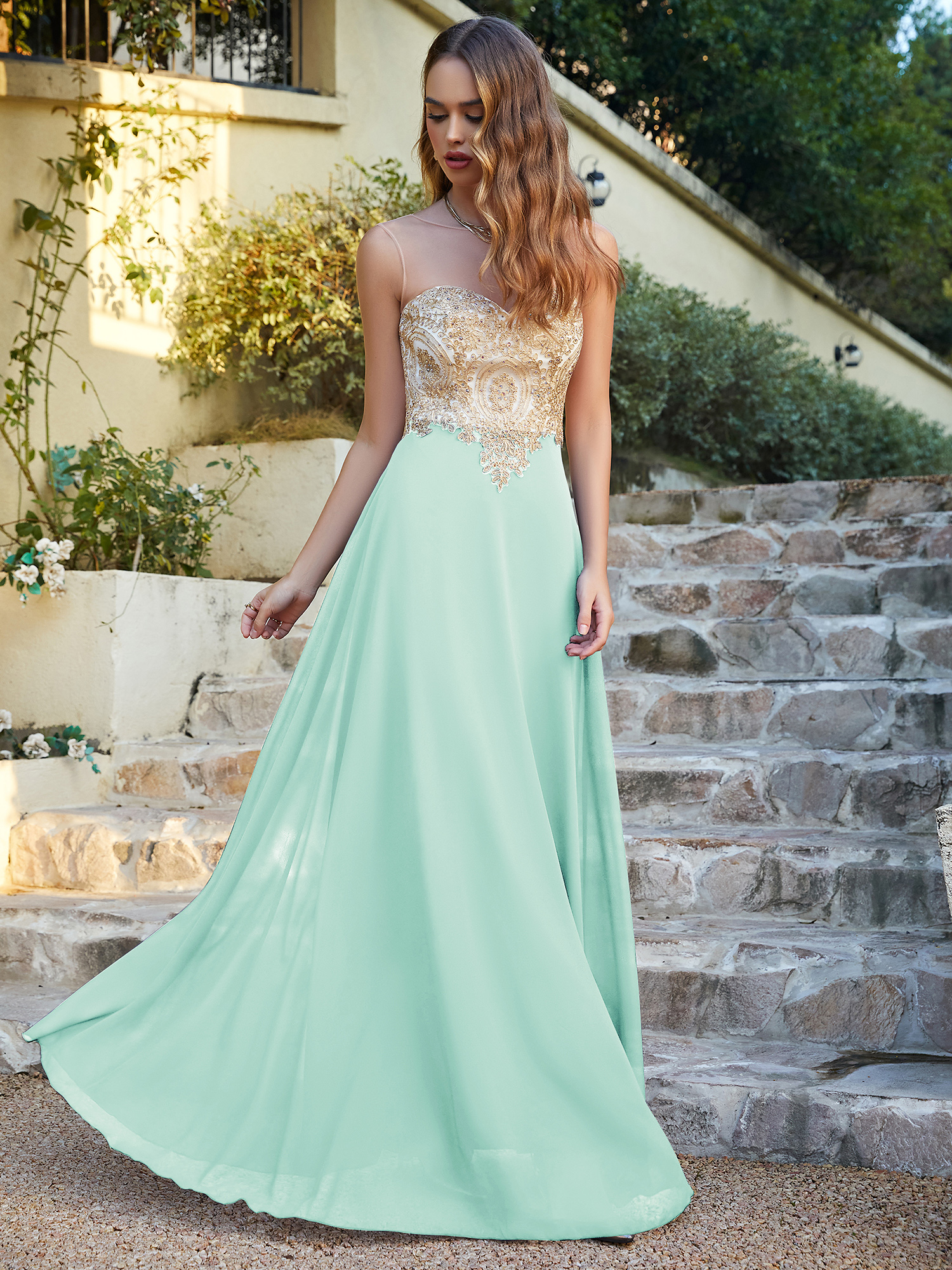 Elegante Abendkleider Lang Mint Grün | Abiballkleider Abendmoden mit Spitze-Misshow.de