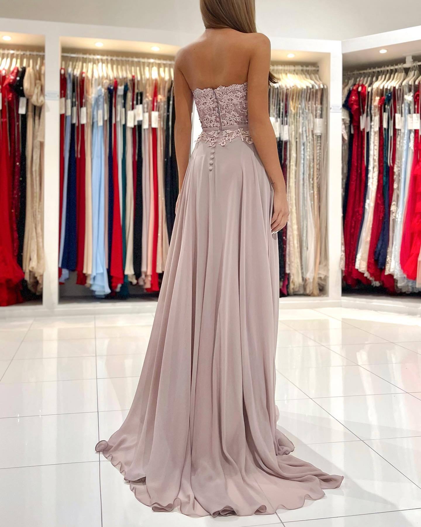 Dunsty Rosa Abendkleider Lang Chiffon | Abiballkleider mit Spitze