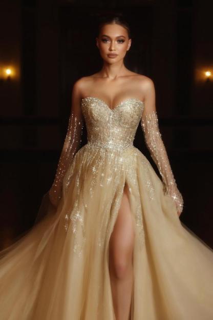 Champagner Brautkleider mit Glitzer | Hochzeitskleider A Linie Spitze