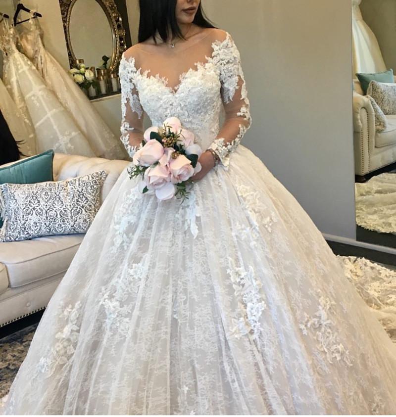 Günstig Hochzeitskleider Prinzessin Weiße Spitze Brautkleider Online-Misshow.de