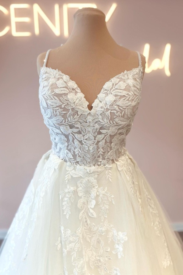 Schöne Brautkleider Spaghetti-Träger Spitzer | Hochzeitskleider online-Misshow.de