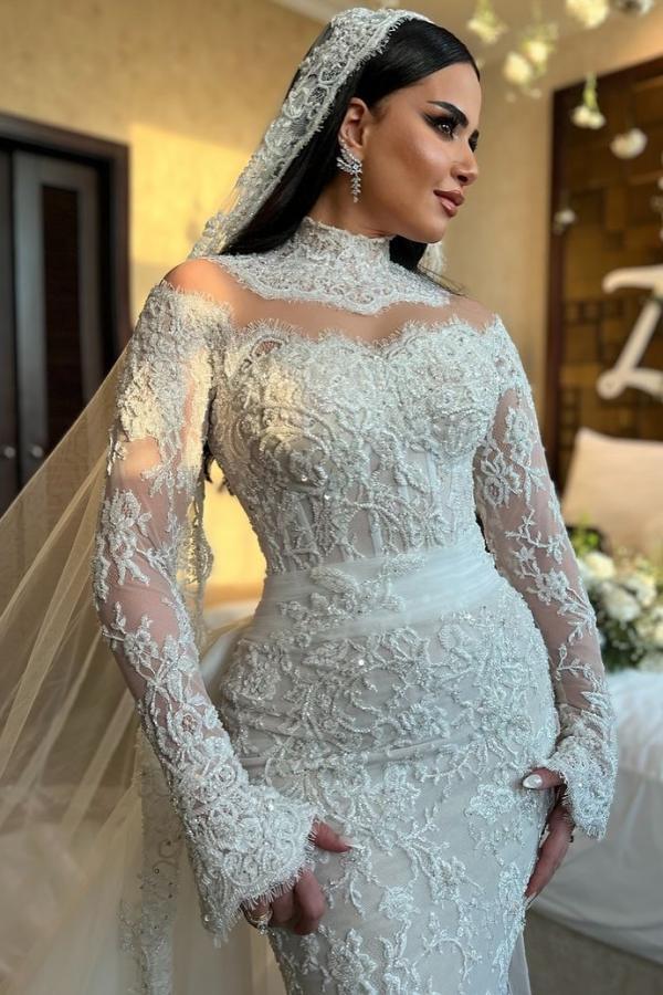Elegante Brautkleider Spitze Meerjungfrau Hochzeitskleider mit Ärmeln