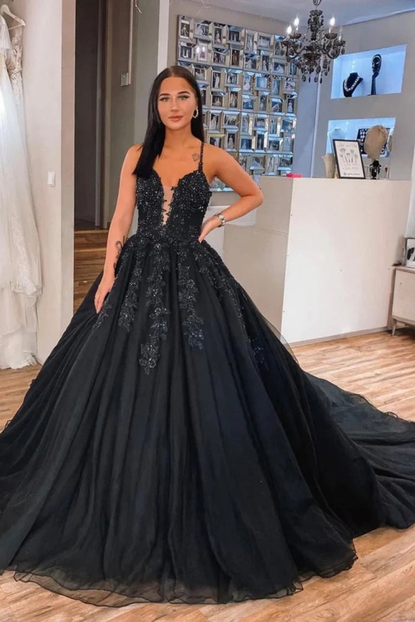 Schwarze Brautkleider A Linie Tüll Hochzeitskleider Mit Spitze