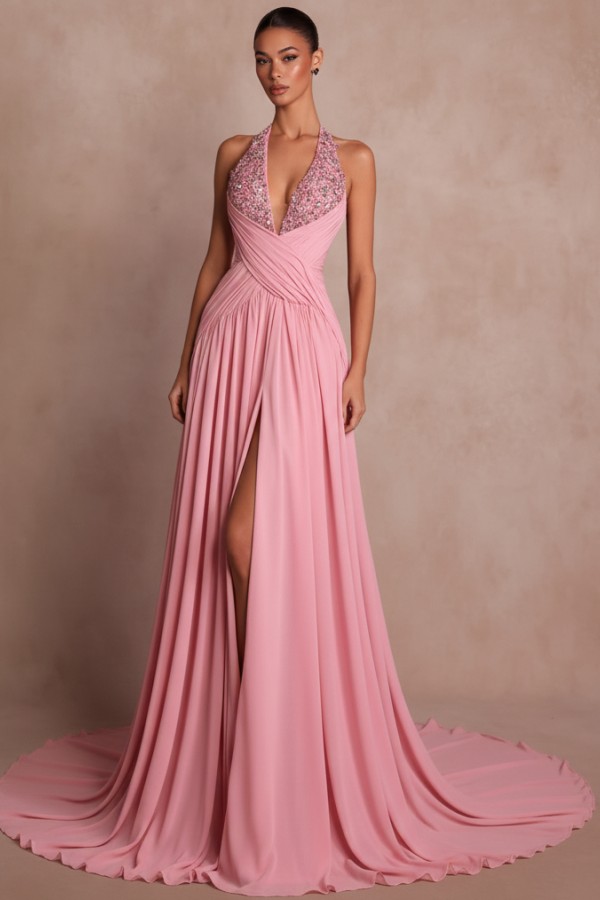 Elegante Abendkleider Lang Braun V Ausschnitt Ballkleider Chiffon