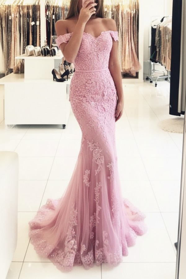 Rot Lange Abendkleider Spitze Perlen Schulterfrei Meerjungfrau Abibllkleider Partykleider BA3809