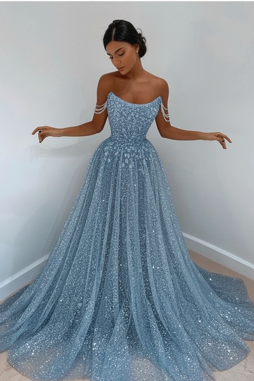 Elegante Abendkleider Lang Glitzer | Abiballkleider Lang Blau