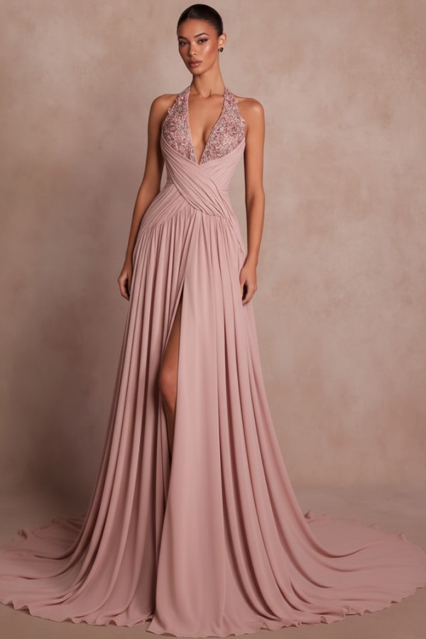 Elegante Abendkleider Lang Braun V Ausschnitt Ballkleider Chiffon