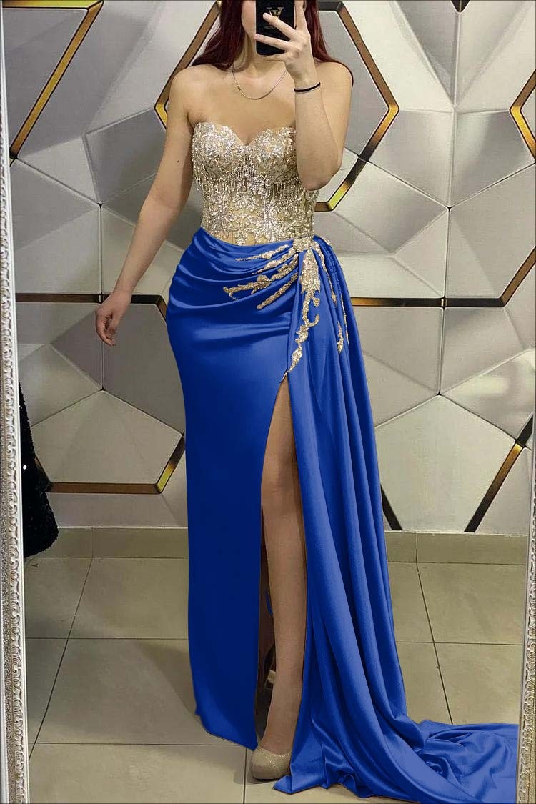 Designer Abendkleider Lang Glitzer | Gold Abiballkleider mit Spitze