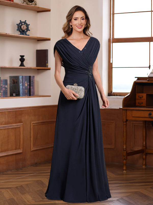 V-Neck A-Line Princess Floor-Length Dresses for Mothers of the Bride & Groom with Ruched Pleats Jewel Appliques & Sequins