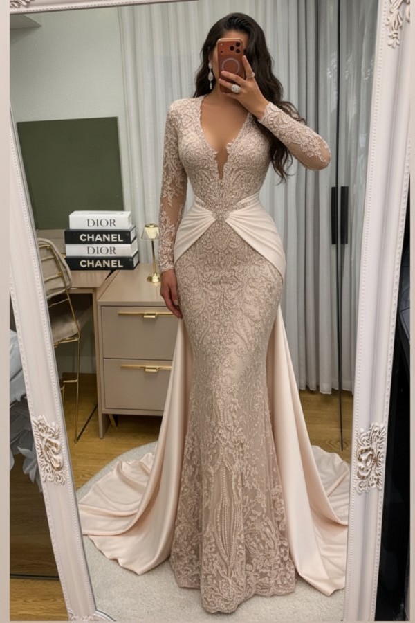 Wunderschöne Abendkleider Lang Spitze Abiballkleider mit Ärmel