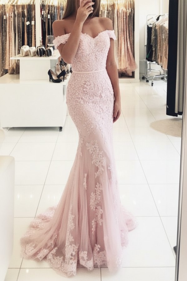 Rot Lange Abendkleider Spitze Perlen Schulterfrei Meerjungfrau Abibllkleider Partykleider BA3809