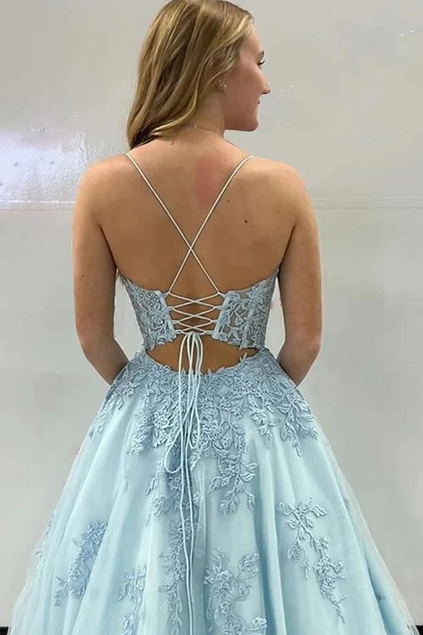 Elegante Abendkleider Lang Blau Ballkleider Spitze Günstig