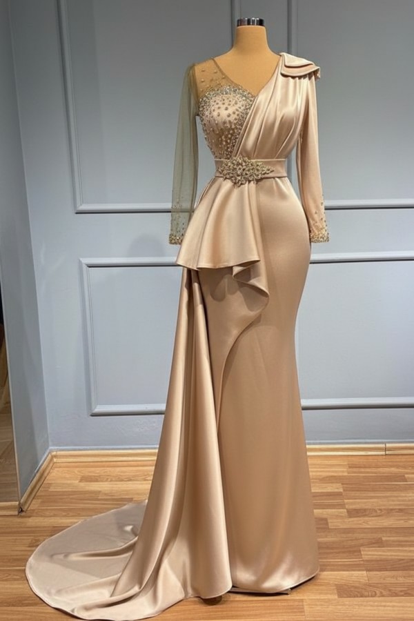 Olive Grün Abendkleider Mit Ärmel | Abiballkleider mit Glitzer