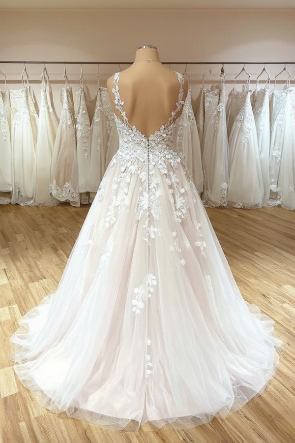 Schlichtes Brautkleid V Ausschnitt | Hochzeitskleider A Linie Spitze