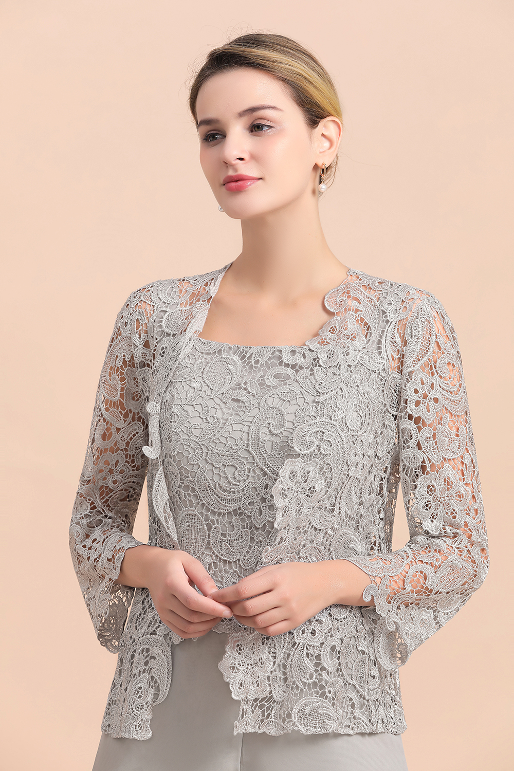 Silber Brautmutterkleid mit Jacket | 3 Teilige Brautmutterkleider-Misshow.de
