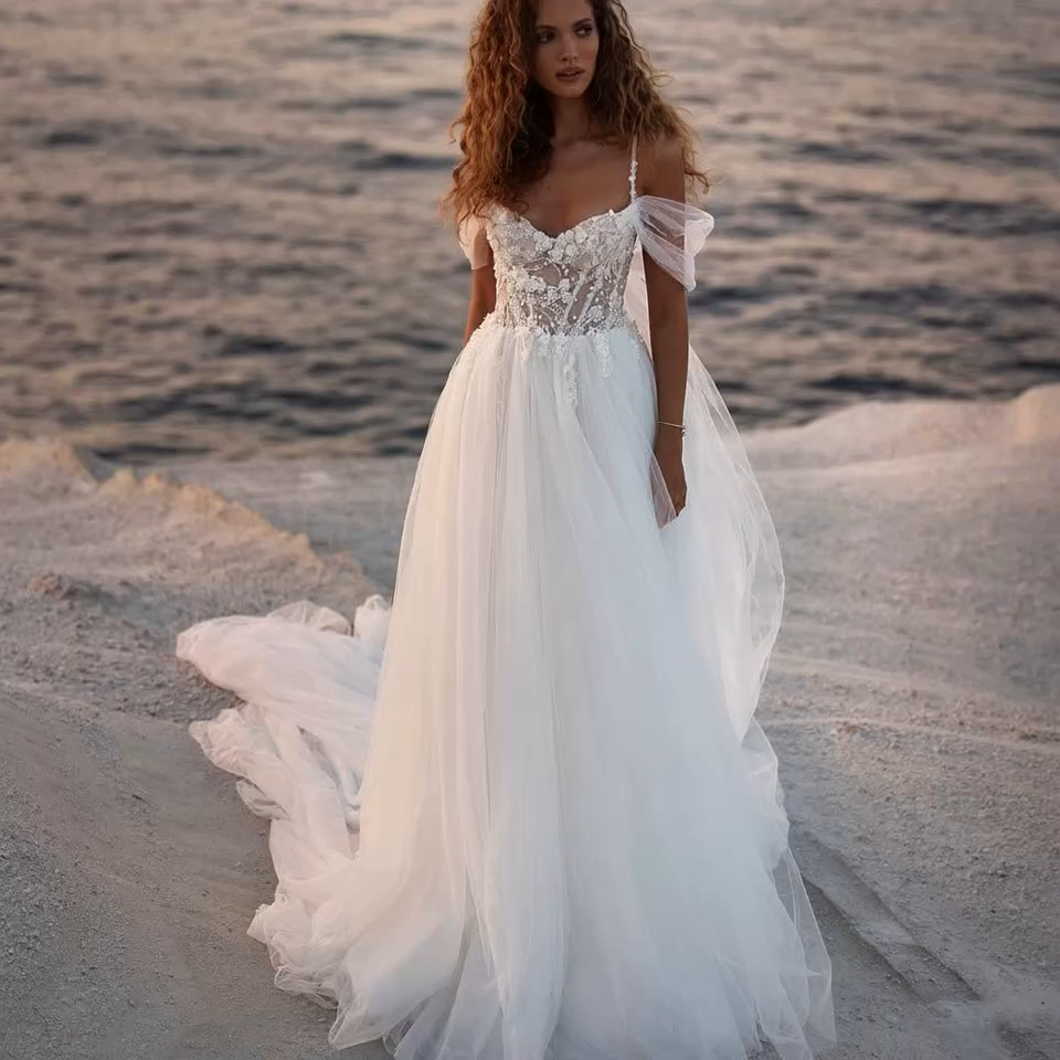 Romantische Brautkleider Spaghetti-Träger A-Linie | Hochzeitskleider mit Spitze