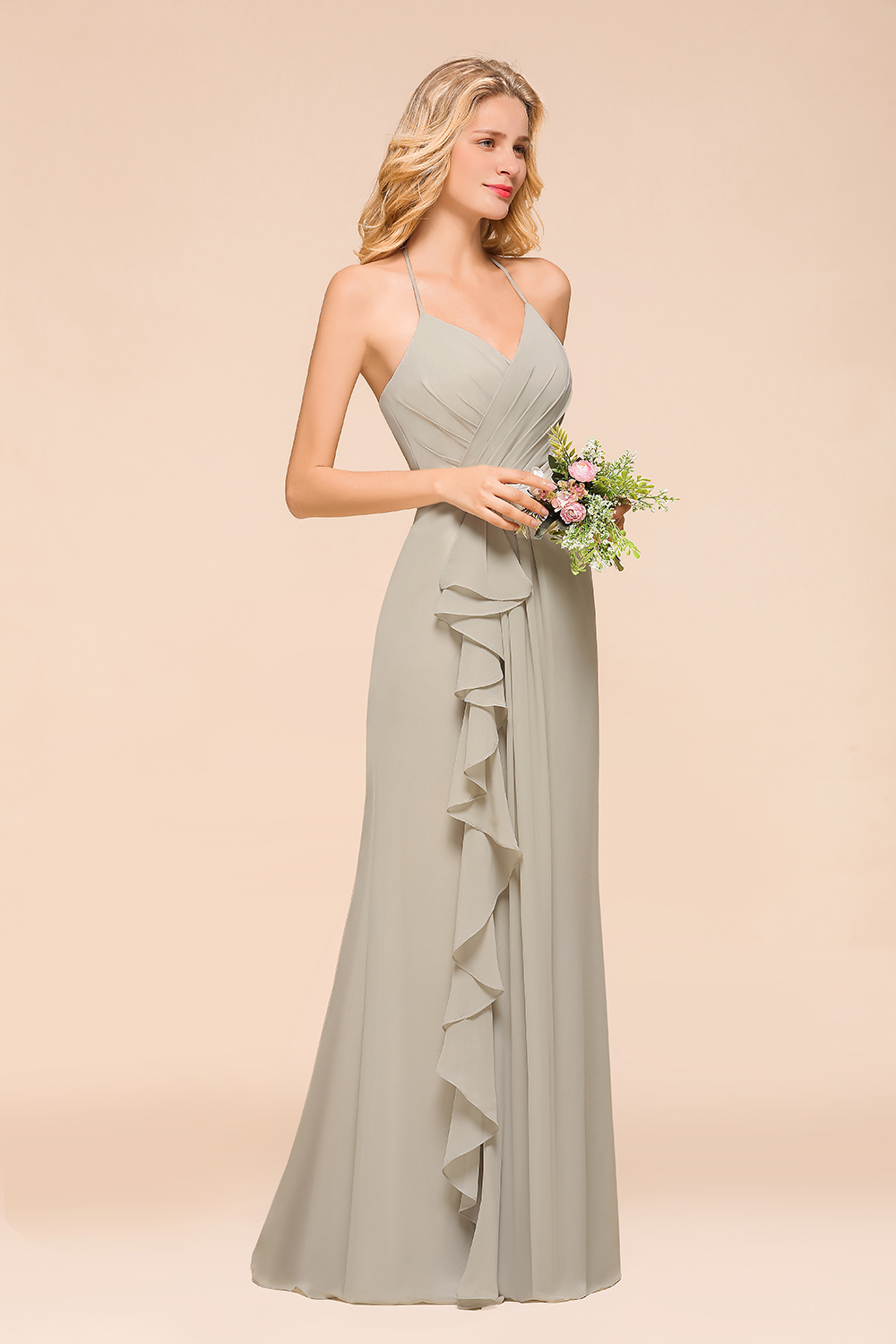 Silber Brautjungfernkleider Günstig | Hochzeitspartykleider Lang Chiffon