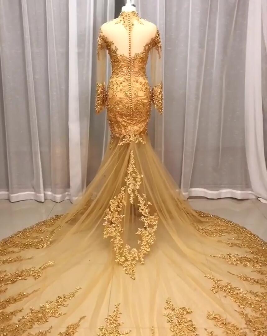 Luxus Brautkleider Spitze Gold | Hochzeitskleider Mit Ärmel Glitzer