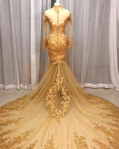 Luxus Brautkleider Spitze Gold | Hochzeitskleider Mit Ärmel Glitzer