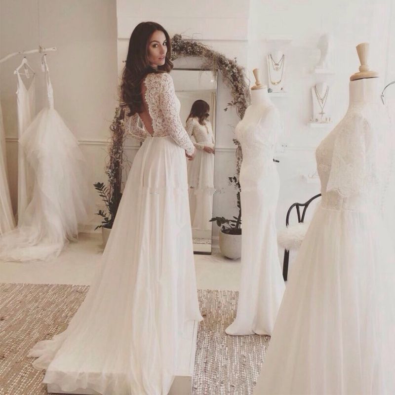 Sommer Weiß Brautkleider Lang Ärmel Spitze | Chiffon Hochzeitskleider Brautmoden Günstig