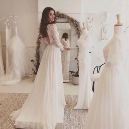 Sommer Weiß Brautkleider Lang Ärmel Spitze | Chiffon Hochzeitskleider Brautmoden Günstig