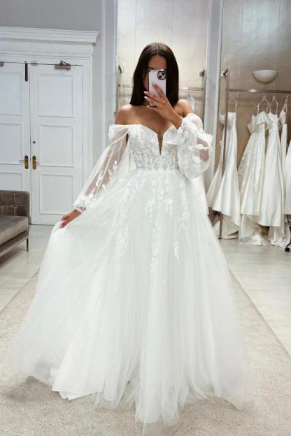 Schöne Hochzeitskleider Boho | Brautkleider A Linie Spitze mit Ärmel