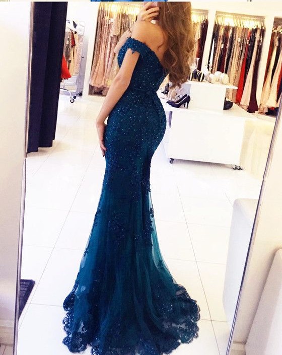 Elegante Abendkleider Lang Günstig Mit Spitze Meerjungfrau Ballkleider Lang Dunkelblau-Misshow.de