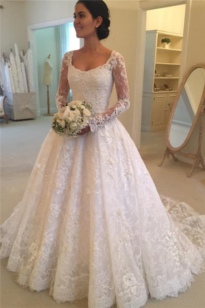 weiß Brautkleider Langarm Mit Spitze U Ausschnitt A Linie Brautmoden Hochzeitskleider