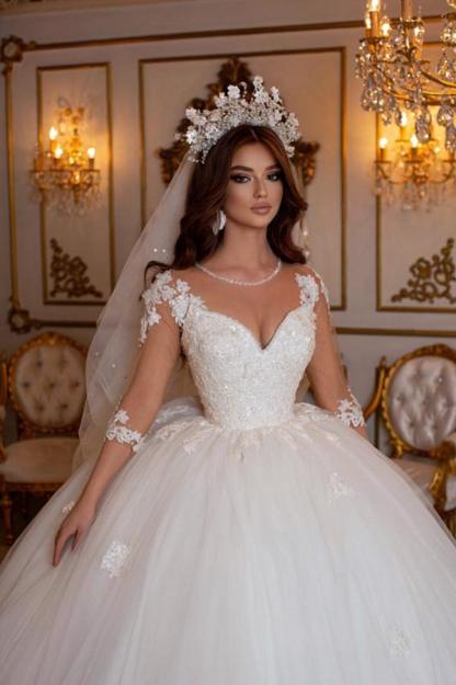 Prinzessin Brautkleider mit Spitze | Hochzeitskleider Lang Ärmel