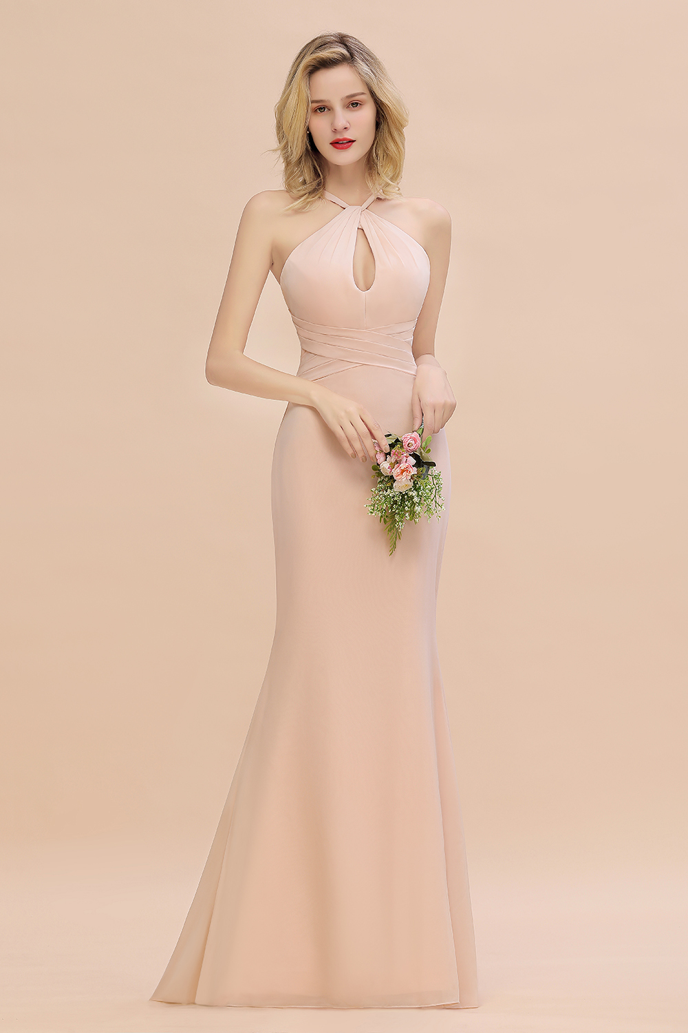 Brautjungfernkleider Lang Günstig | Chiffon Abendkleid Rosa