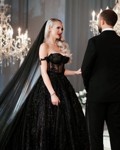Vintage Brautkleider A Linie Glitzer | Hochzeitskleider Schwarz