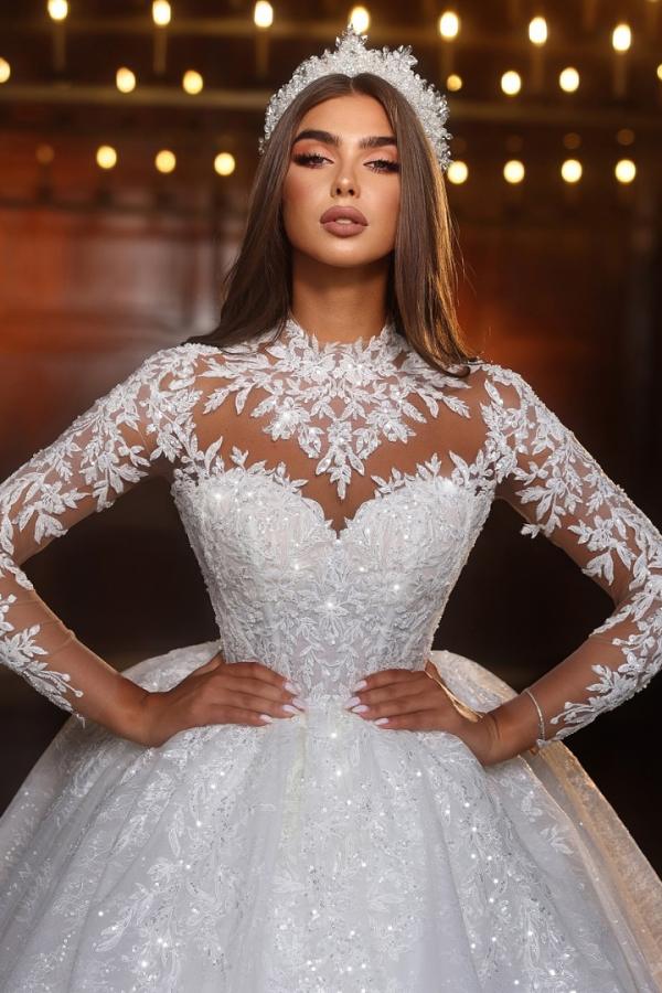 Günstiges Brautkleid Prinzessin mit Spitze | Elegantes Hochzeitskleid mit Ärmeln-Misshow.de