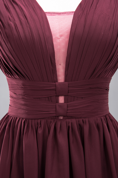 Weinrot Brautjungfernkleider Lang Chiffon | Abendkleider V Auschnitt