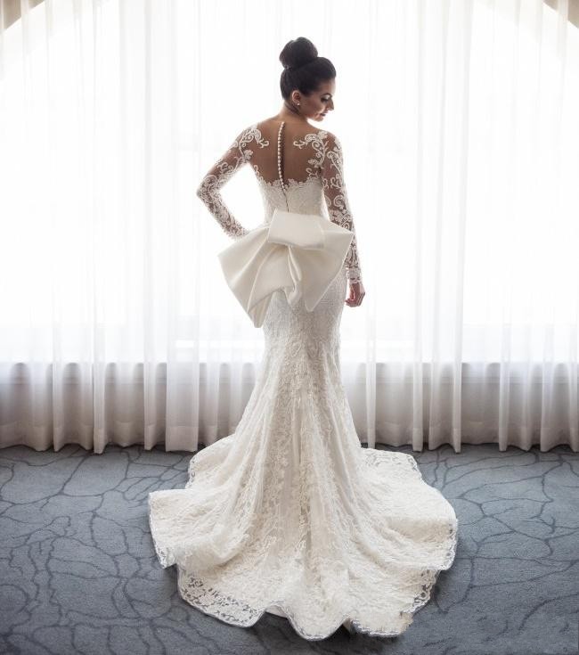 Designer Weiße Hochzeitskleider Spitze Mit Ärmel A Linie Brautkleider Günstig-Misshow.de