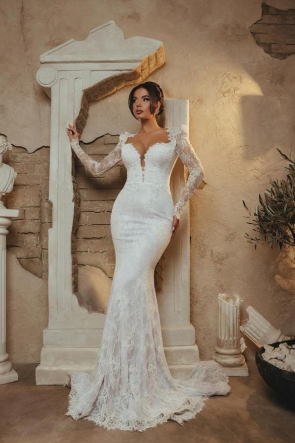 Elegante Brautkleider mit Ärmel | Hochzeitskleider Spitze Meerjungfrau