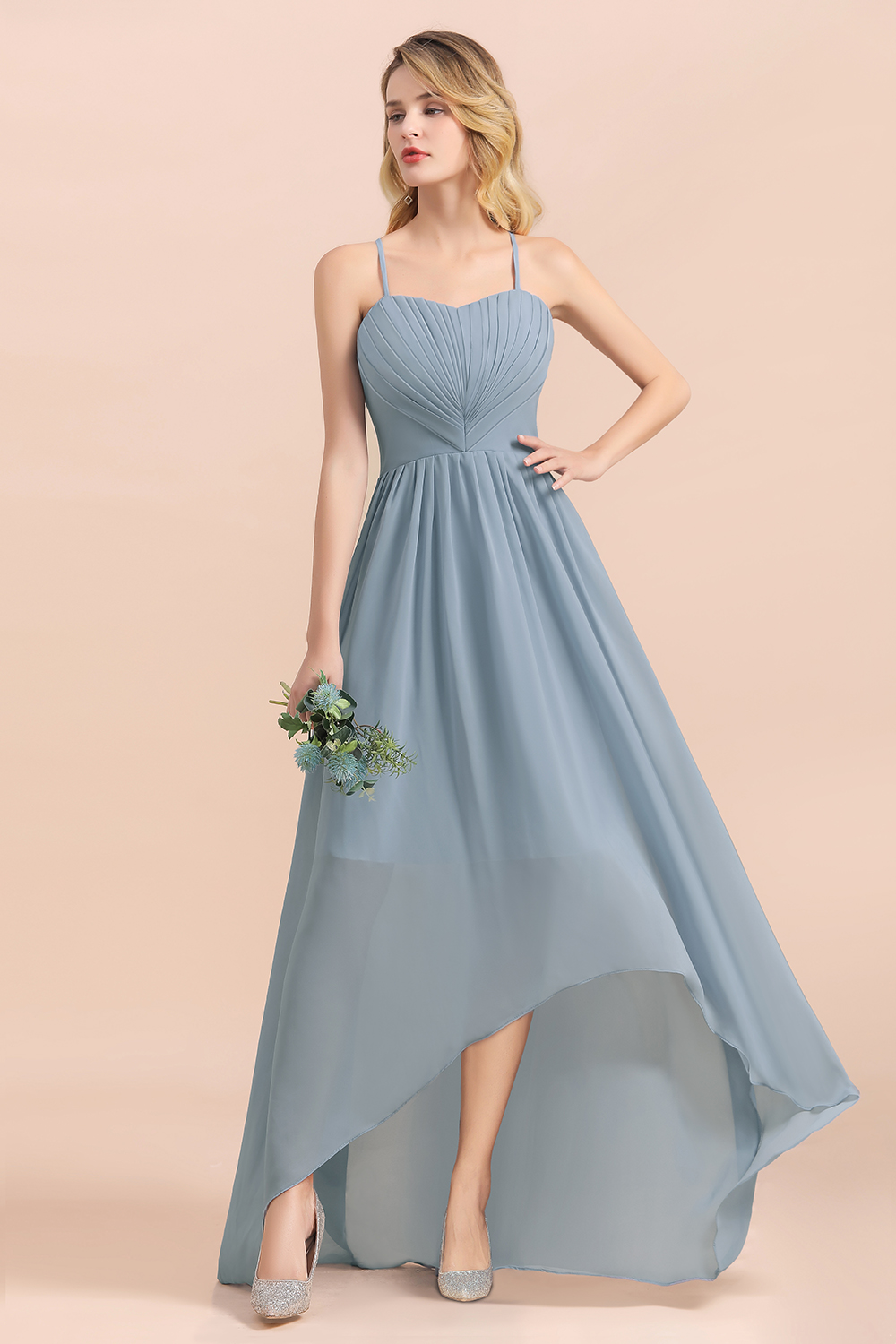 Dusty Blau Brautjungfernkleider Lang Chiffon | Hochzeitspartykleider günstig-Misshow.de