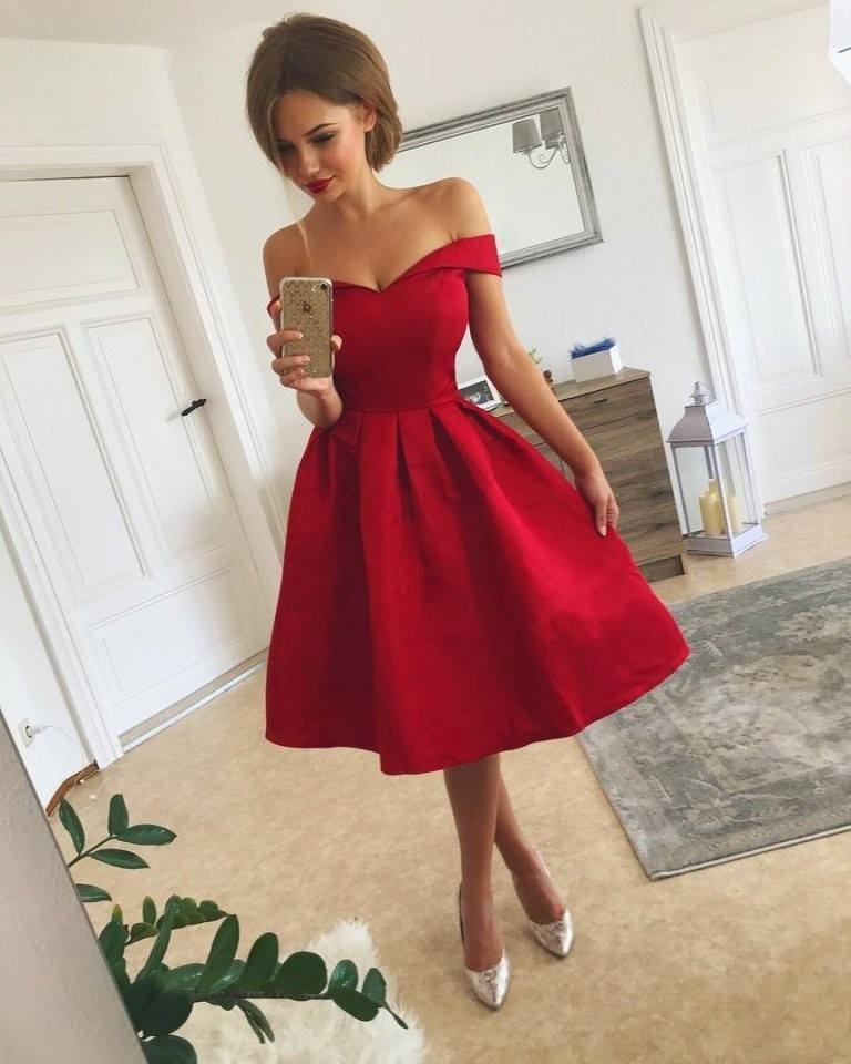 Rote Cocktailkleider Kurze Satin A Line Kleider Abiballkleider Online-Misshow.de