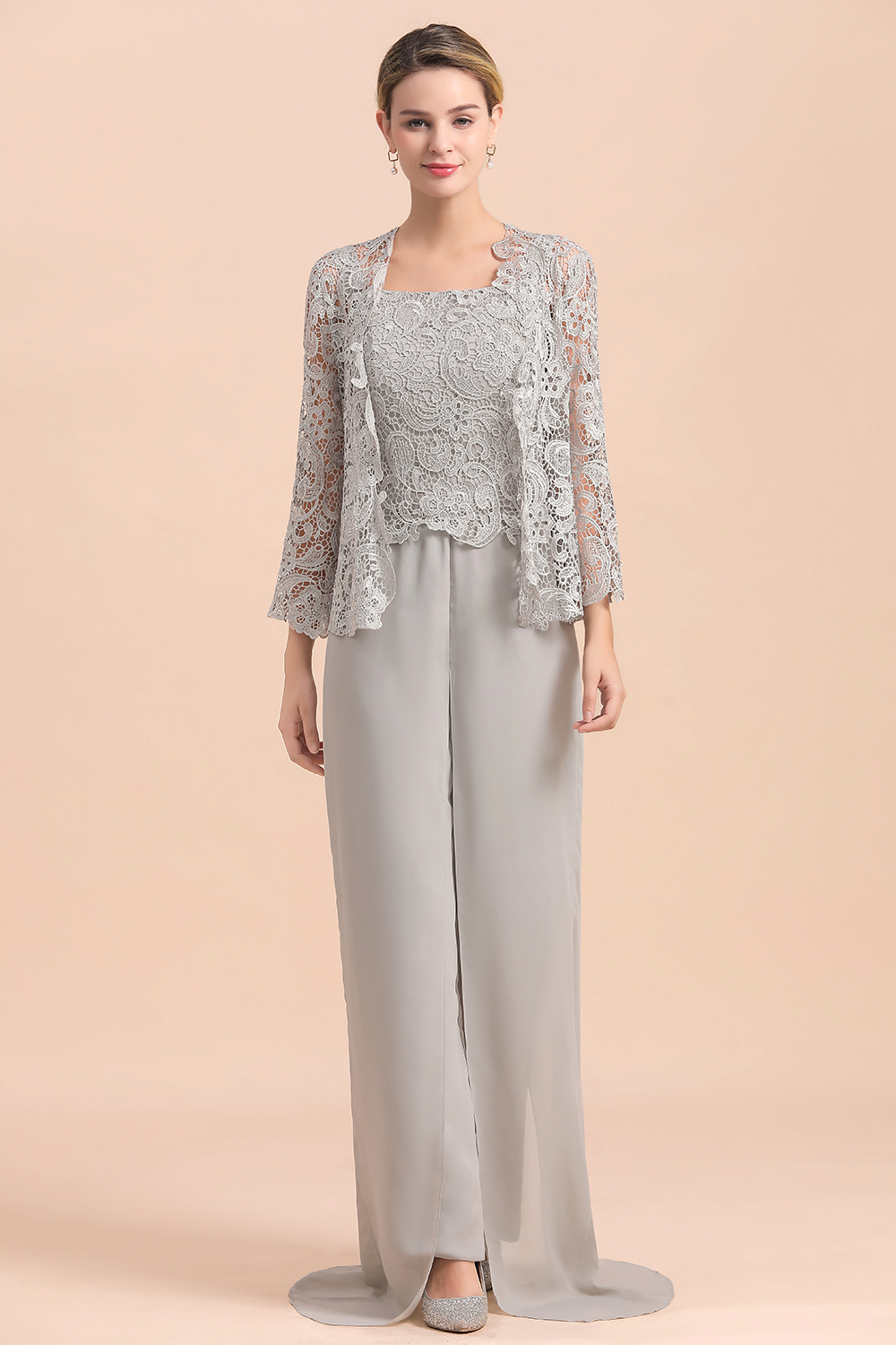 Silber Brautmutterkleid mit Jacket | 3 Teilige Brautmutterkleider-Misshow.de