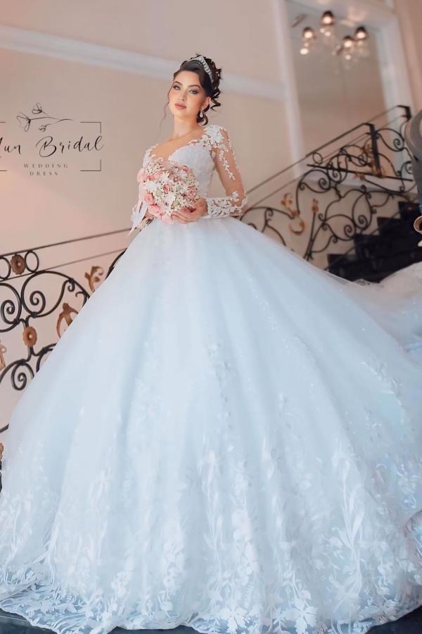 Schönes Brautkleid Prinzessin online Hochzeitskleider mit langen Ärmeln