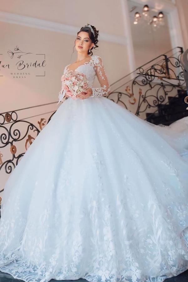 Schönes Brautkleid Prinzessin online Hochzeitskleider mit langen Ärmeln