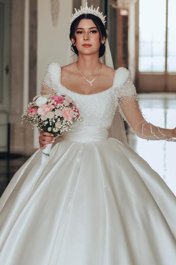 Designer Brautkleider Satin | Glitzer Hochzeitskleider mit Ärmel