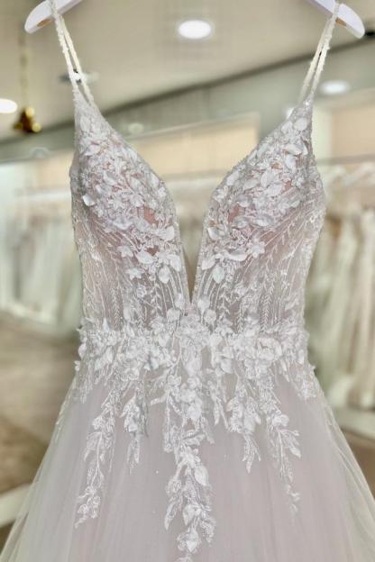 Weißes Brautkleid A-Linie Hochzeitskleider Spitze Tüll
