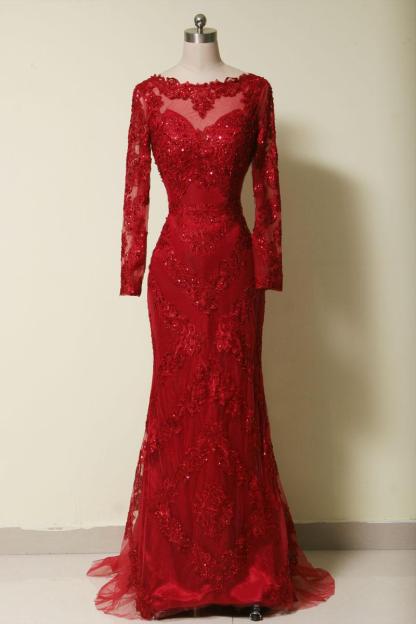 Fashion Abendkleider Rot Long Spitze Bodenlang Abiballkleider Mit Ärmel
