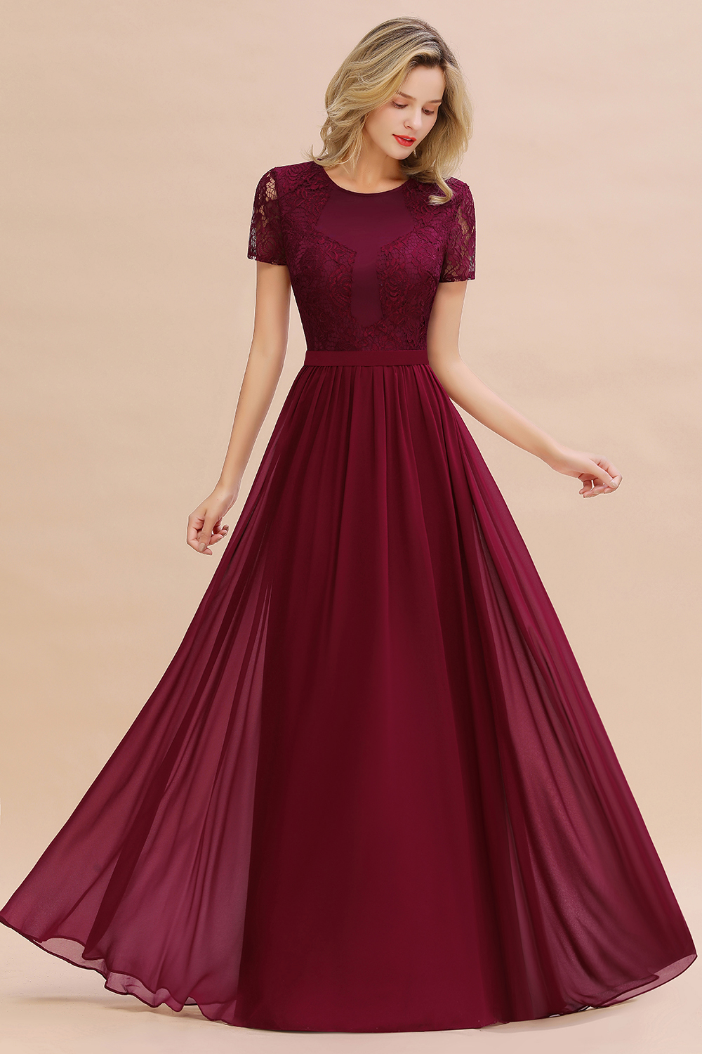 Elegante Abendkleider Lang Weinrot | Abiballkleider Ballkleider mit Ärmel-Misshow.de