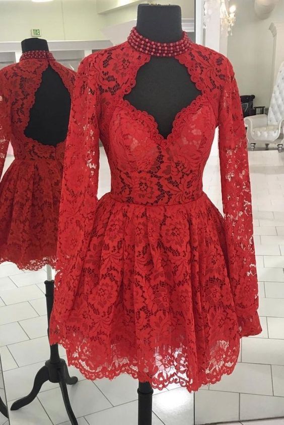 Rote Cocktailkleider Kurz Spitze | Kurze Abendkleider Mit Ärmel