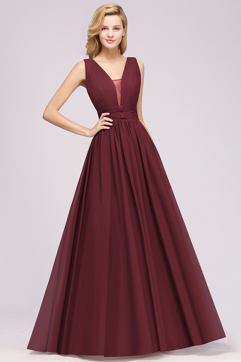 Weinrot Brautjungfernkleider Lang Chiffon | Abendkleider V Auschnitt