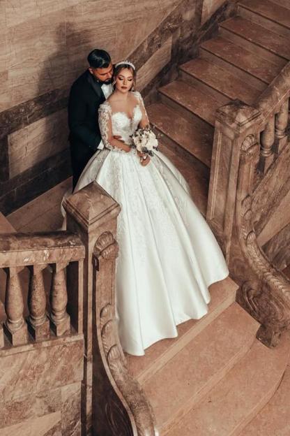 Luxus Hochzeitskleider Prinzessin | Satin Brautkleider Spitze mit Ärmel